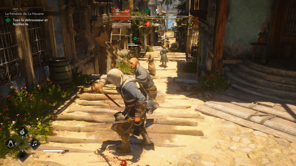Edward Kenway l'épée dégainée dans une rue ensoleillée de La Havane, face à des soldats, dans Black Flag Resynced.