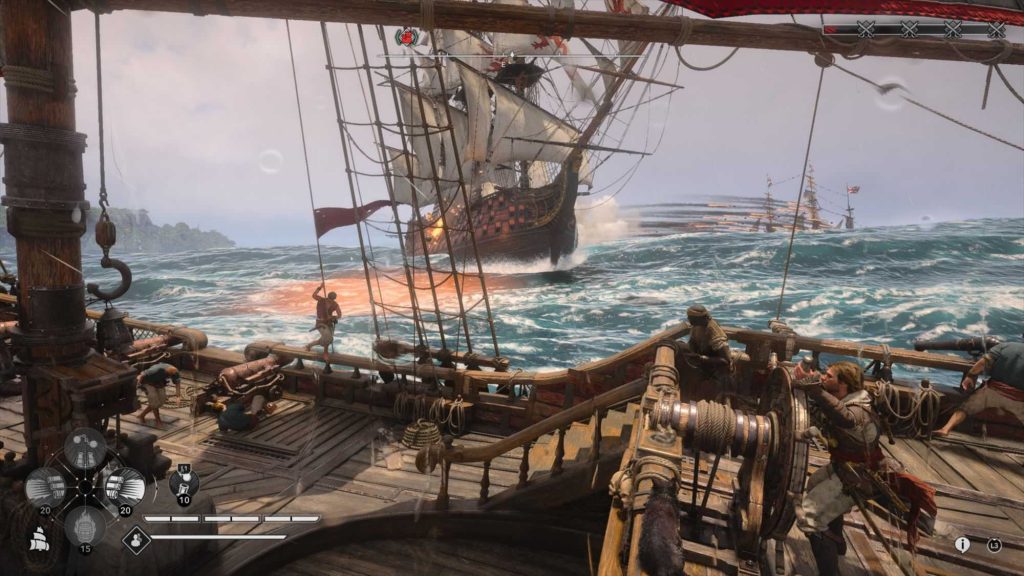 combat naval en mer agitée, le Jackdaw face à un navire ennemi, dans Black Flag Resynced.