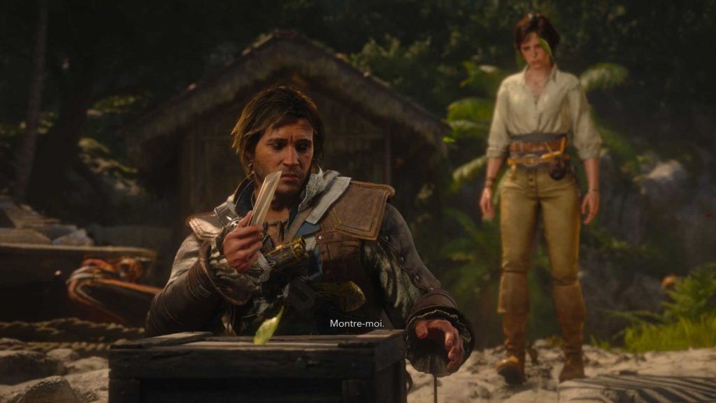 scène cinématique avec Edward Kenway tenant une carte, un personnage à l'arrière-plan, dans Black Flag Resynced.