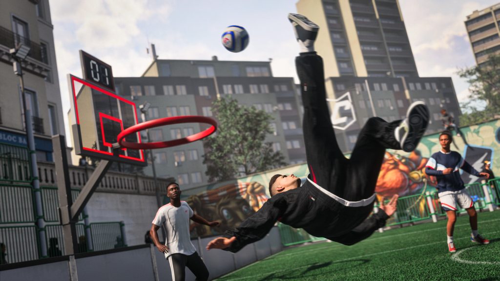 Mode The Grounds d'EA Sports FC 27, football urbain en ville avec un joueur en retourné acrobatique, page Steam