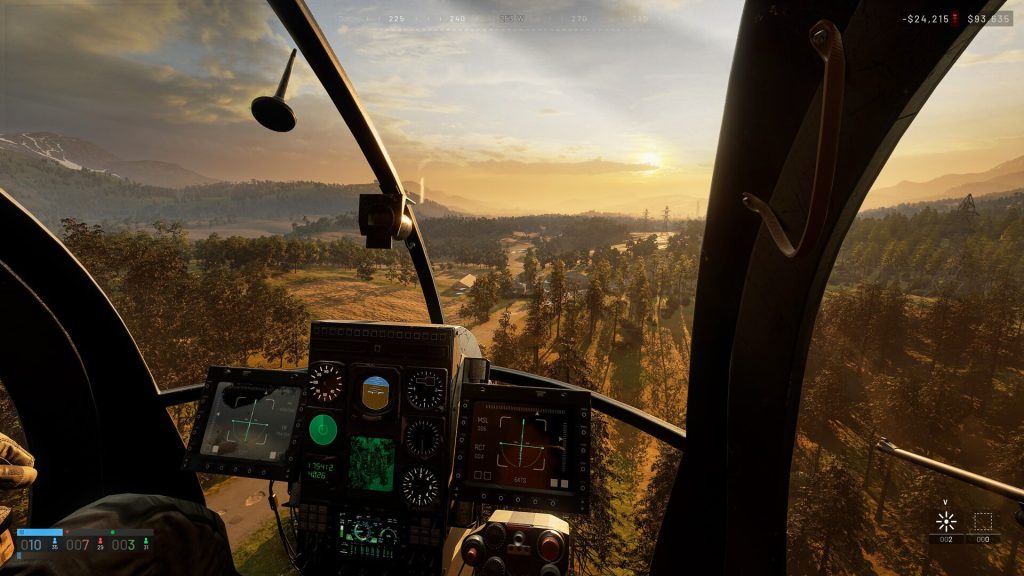 Vue depuis le cockpit d'un hélicoptère survolant la carte de Wardogs au crépuscule