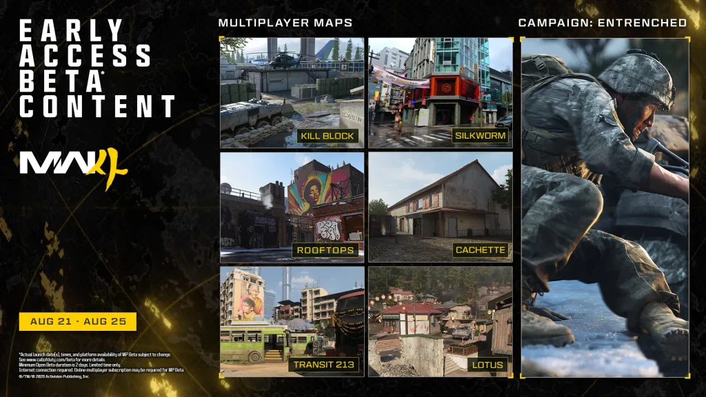 Contenu de l'accès anticipé à la bêta de Modern Warfare 4 du 21 au 25 août 2026, cartes et mission de campagne