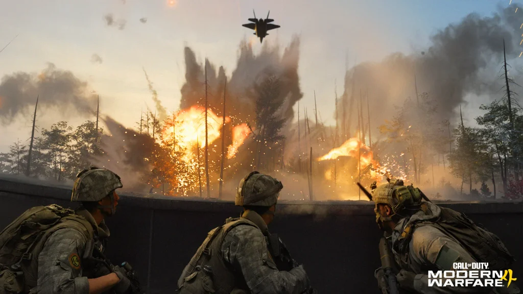 Trois soldats à couvert derrière un muret pendant un bombardement aérien dans Call of Duty Modern Warfare 4
