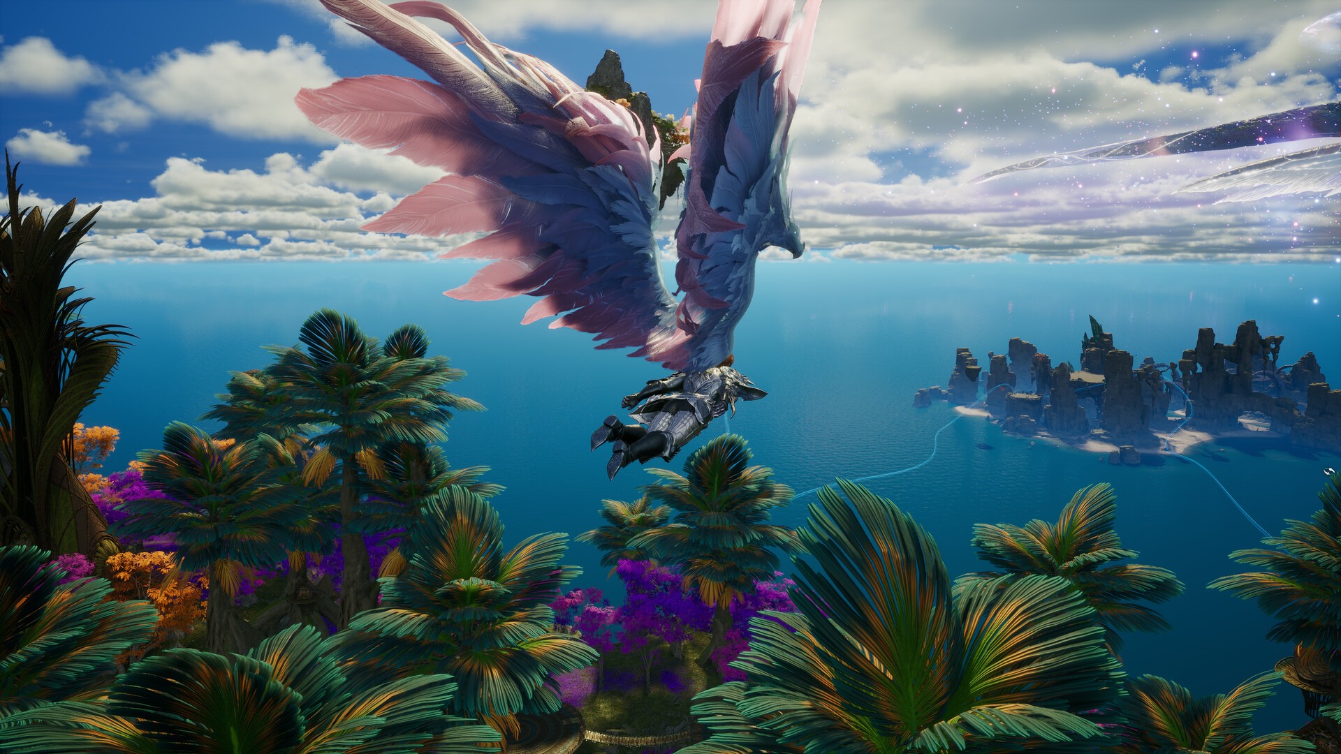 Envol d'un personnage ailé au-dessus des paysages fantastiques d'Aion 2