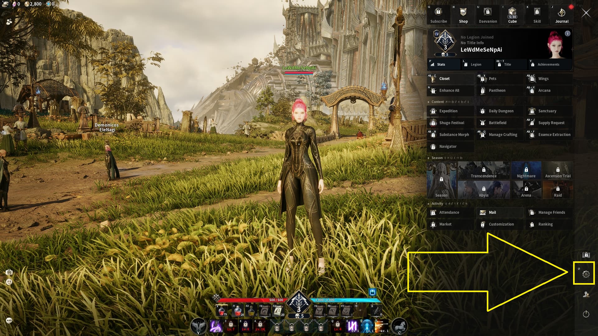 Menu complet d’Aion 2 en anglais : Expedition, Daily Dungeon, Shugo Festival, Battlefield, Transcendence, Nightmare, Abyss et Arena.