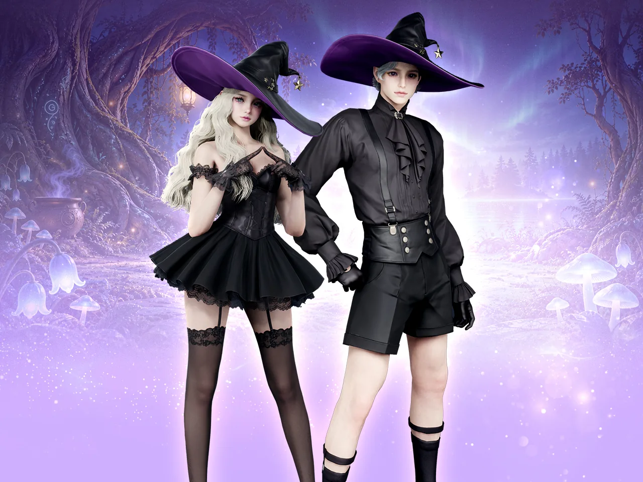 Tenues Midnight Witch de la boutique mondiale d'Aion 2, variantes féminine et masculine en noir et violet