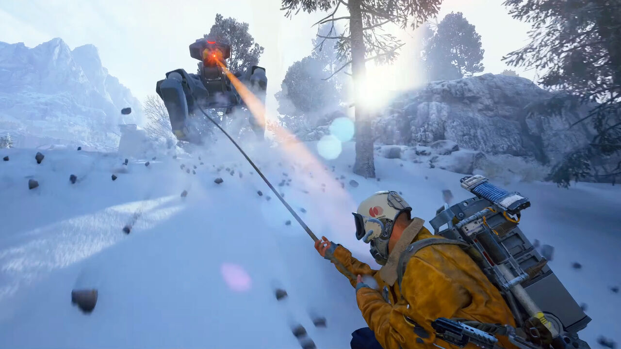 Dans la neige de Pendola Pass, un Raider utilise un grappin face à une machine ARC lors de la mise à jour Frozen Trail