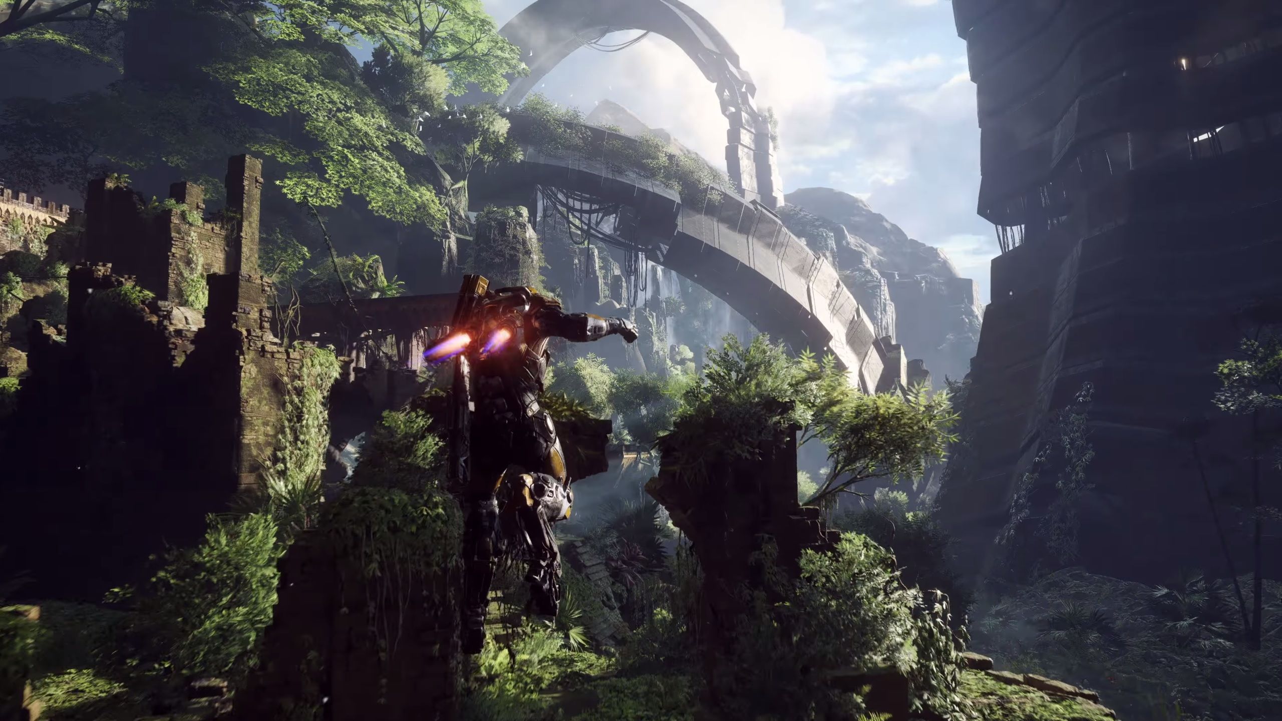 Un Javelin survole les ruines et la végétation d'Anthem