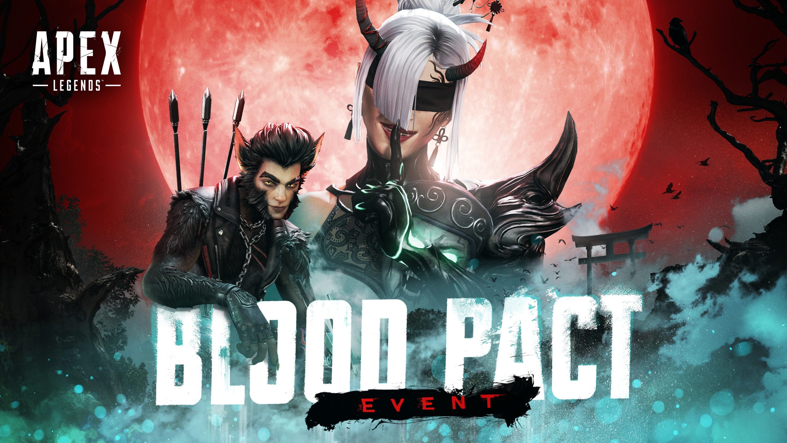 Apex Legends événement Pacte de sang, Alter et Sparrow sous une lune rouge, illustration officielle Electronic Arts