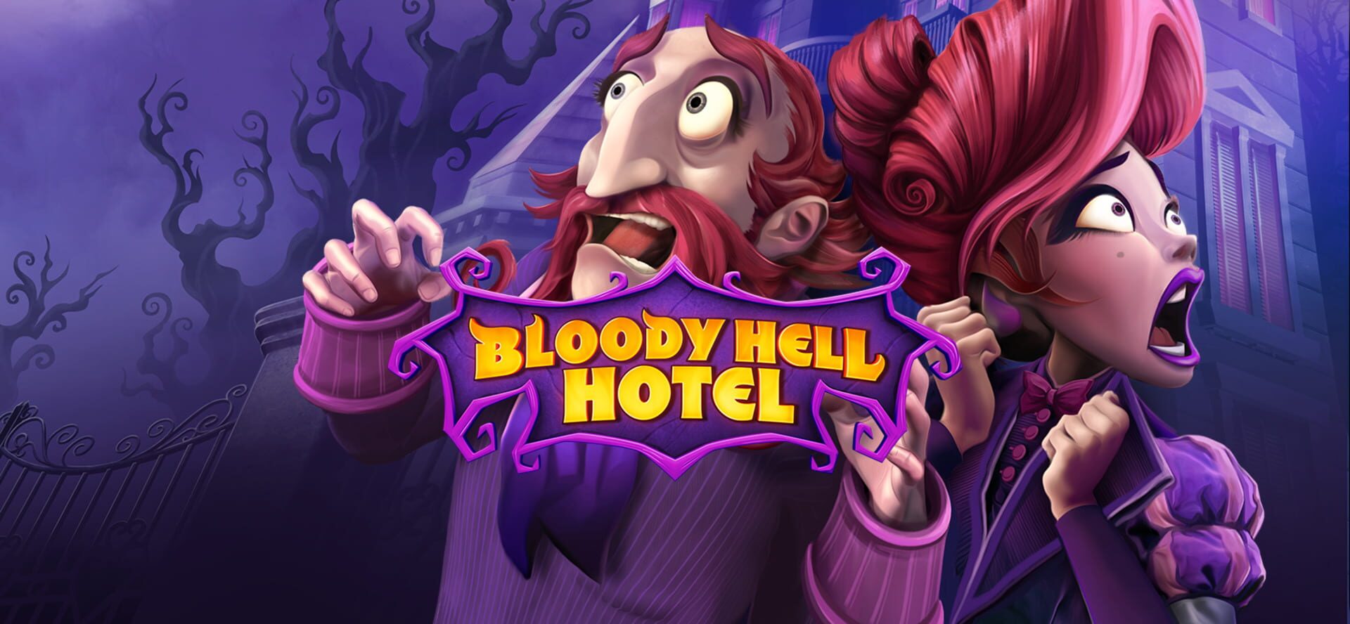Illustration promotionnelle du jeu Bloody Hell Hotel montrant deux vampires et le logo du jeu