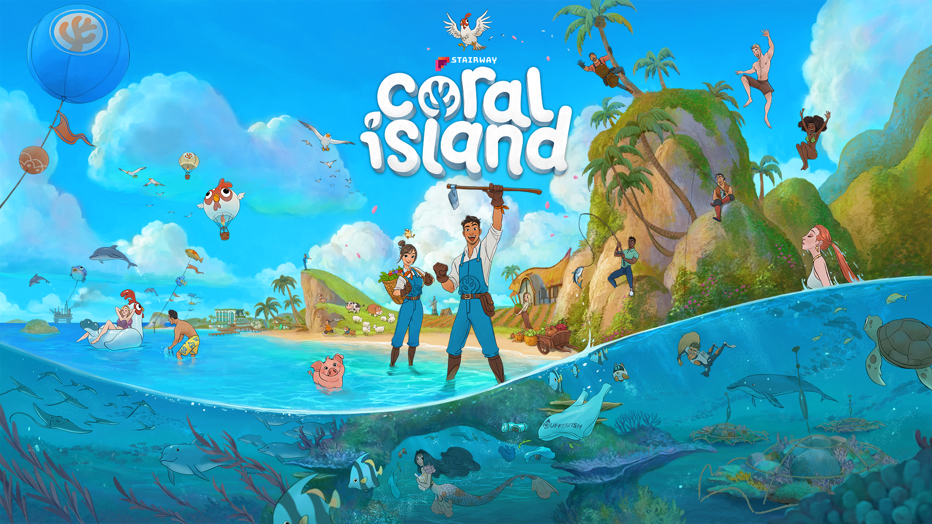 Illustration promotionnelle de Coral Island avec ses fermiers, animaux et récifs coralliens