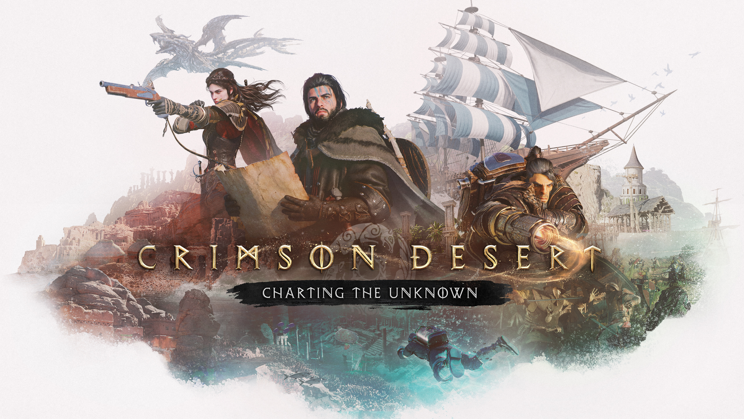 Visuel officiel de l'extension Charting the Unknown de Crimson Desert, montrant les trois héros et un voilier