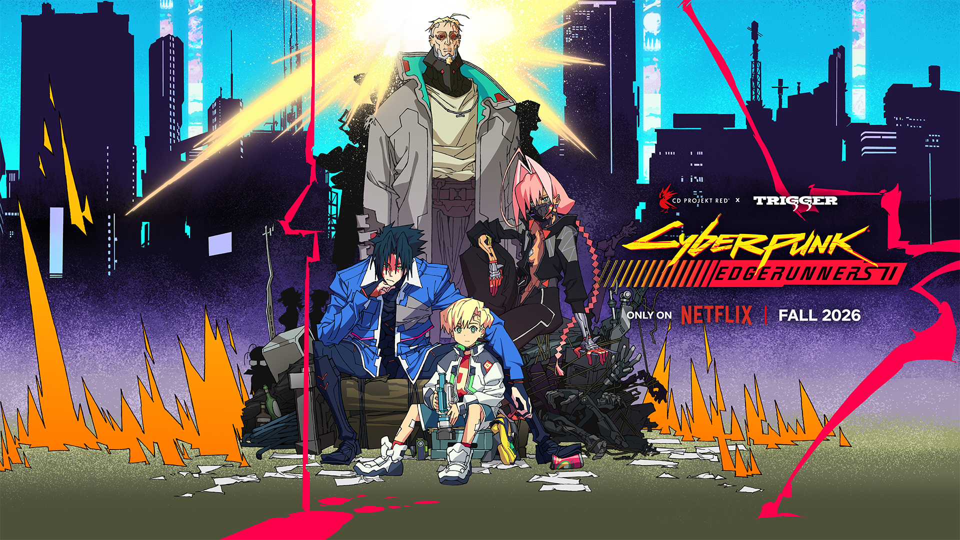 Illustration promotionnelle officielle de Cyberpunk Edgerunners 2, nouvelle équipe de personnages devant Night City