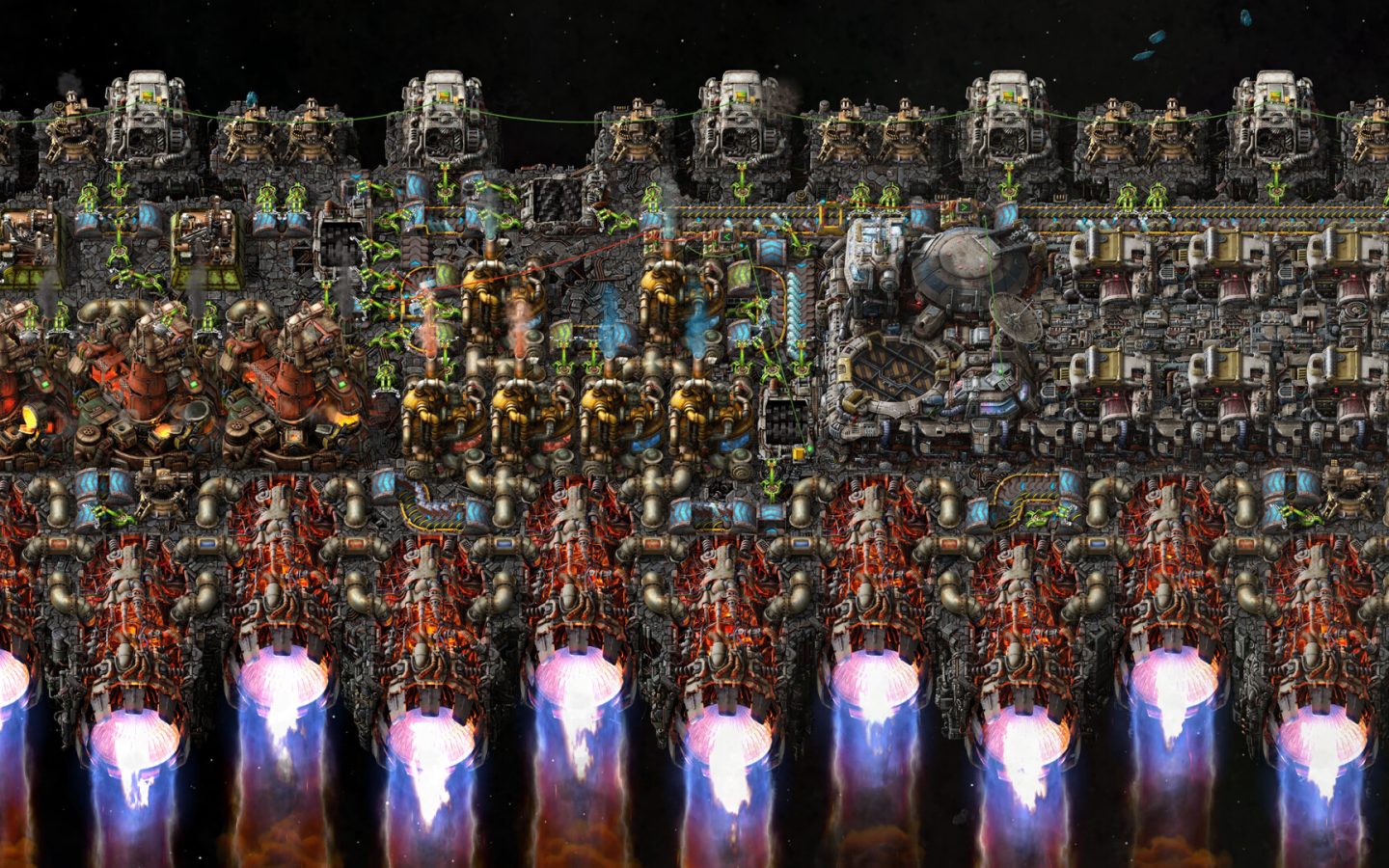 Capture officielle de Factorio Space Age montrant une plateforme spatiale automatisée