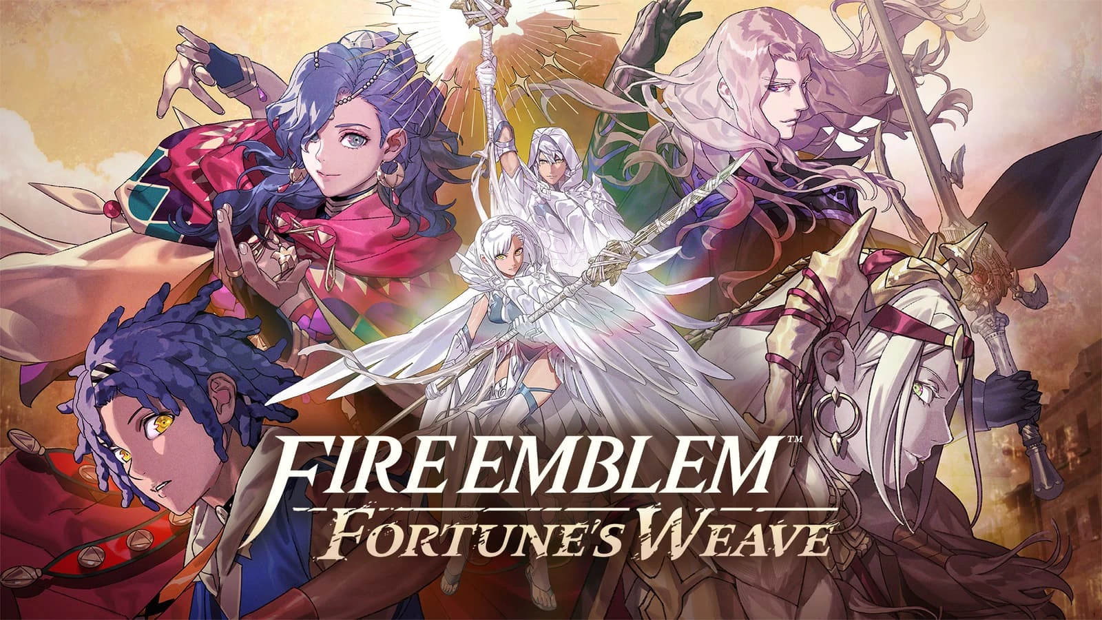 Illustration promotionnelle officielle de Fire Emblem Fortune's Weave, avec ses principaux héros