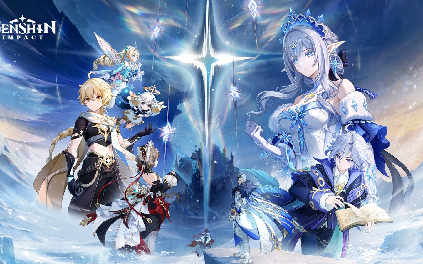 Illustration officielle de Genshin Impact 7.2 Heure de la ruine, avec les protagonistes de Teyvat sur fond de paysages glacés