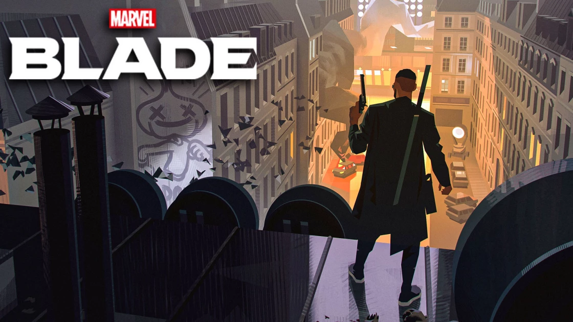 Concept art officiel de Marvel's Blade par Arkane Lyon, Blade sur un toit parisien avec une épée et une arme à feu