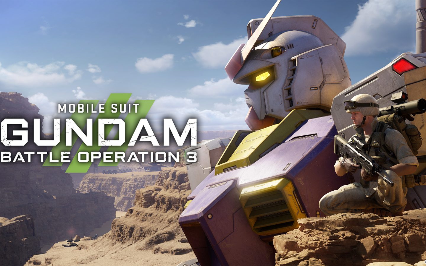 Visuel officiel de Mobile Suit Gundam Battle Operation 3, avec un Gundam et un soldat sur un champ de bataille rocheux