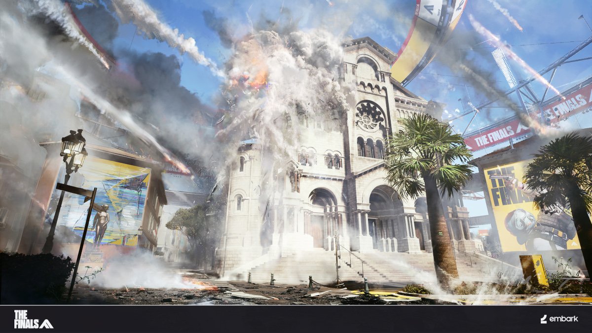 Explosion et destruction sur une façade de THE FINALS