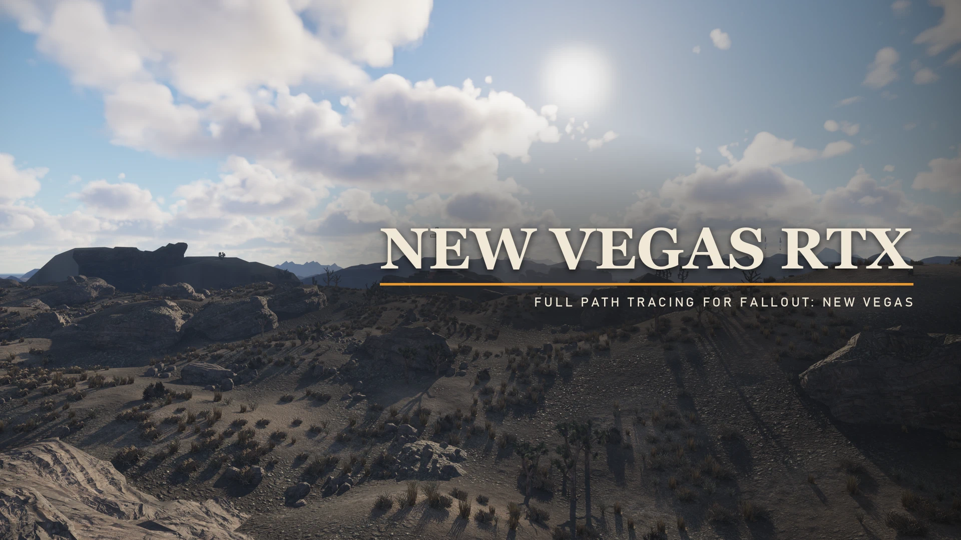 Capture promotionnelle officielle New Vegas RTX avec paysage du Mojave et rendu path tracing, réalisée par Kim2091