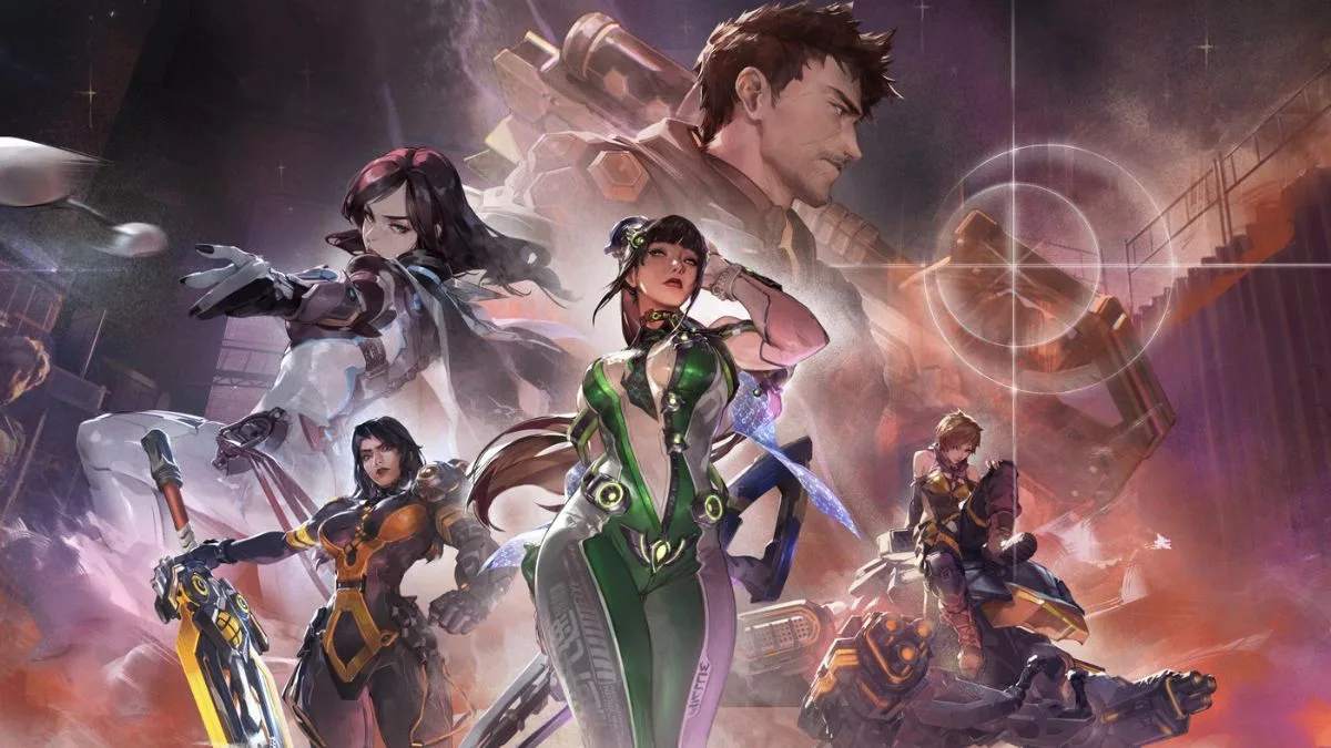 Illustration officielle de la collaboration Overwatch et Stellar Blade avec les cinq héros en costumes EVE Protocol