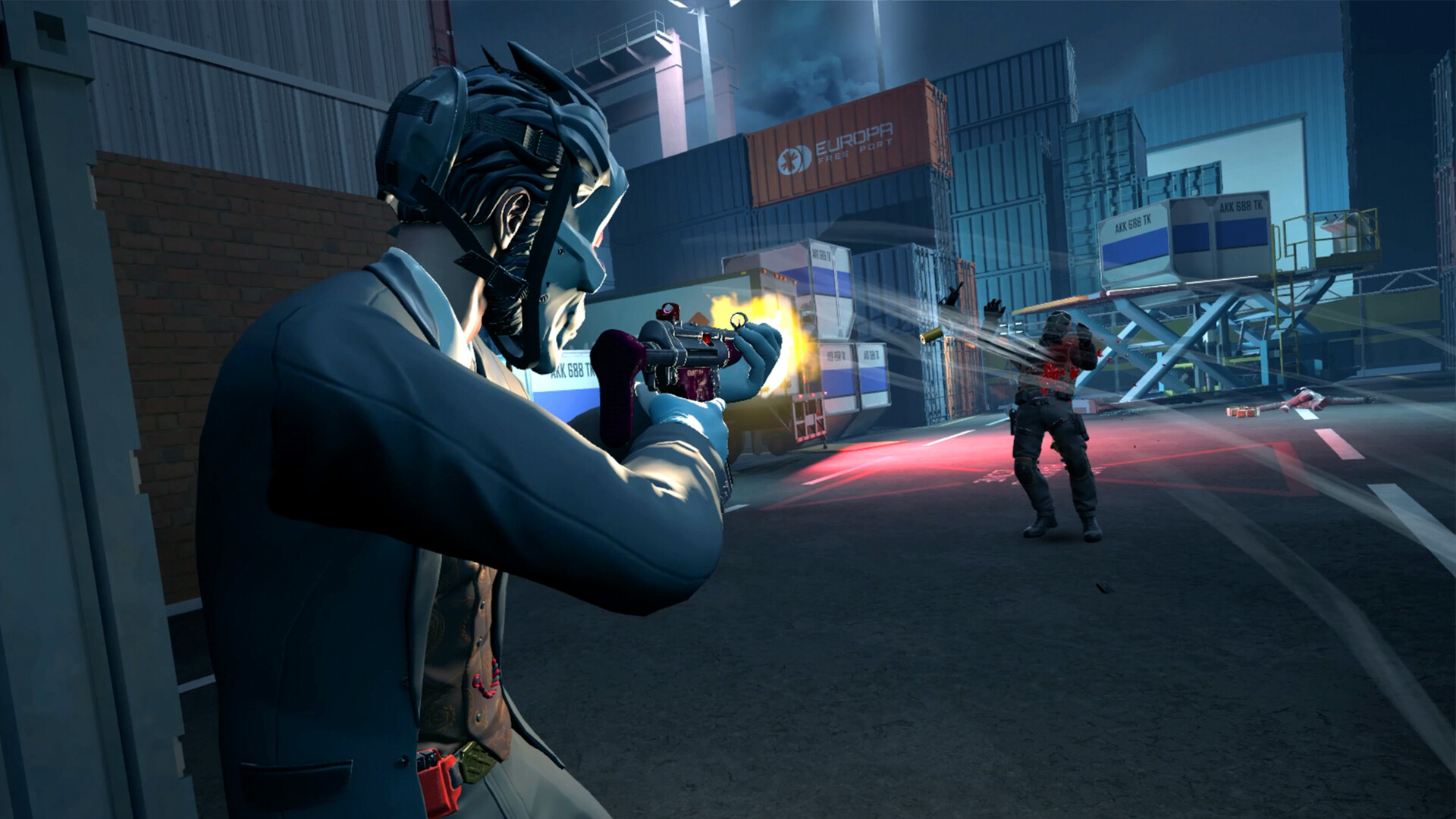 Capture officielle de PAYDAY Aces High : échange de tirs entre braqueurs et gardes dans un port de conteneurs