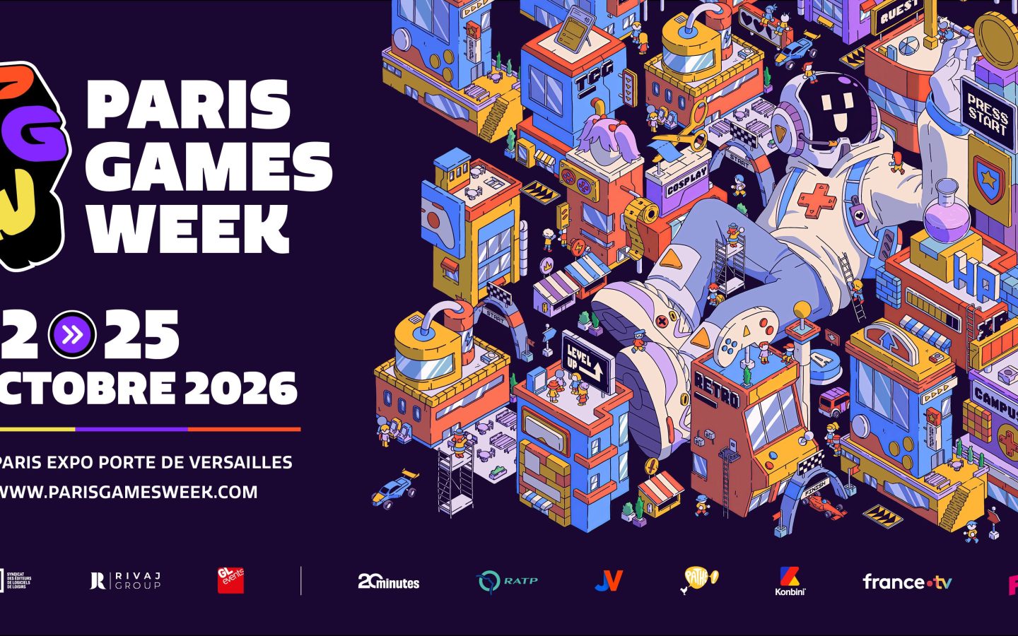 Affiche officielle de la Paris Games Week 2026 du 22 au 25 octobre, avec ville gaming illustrée et logo du salon
