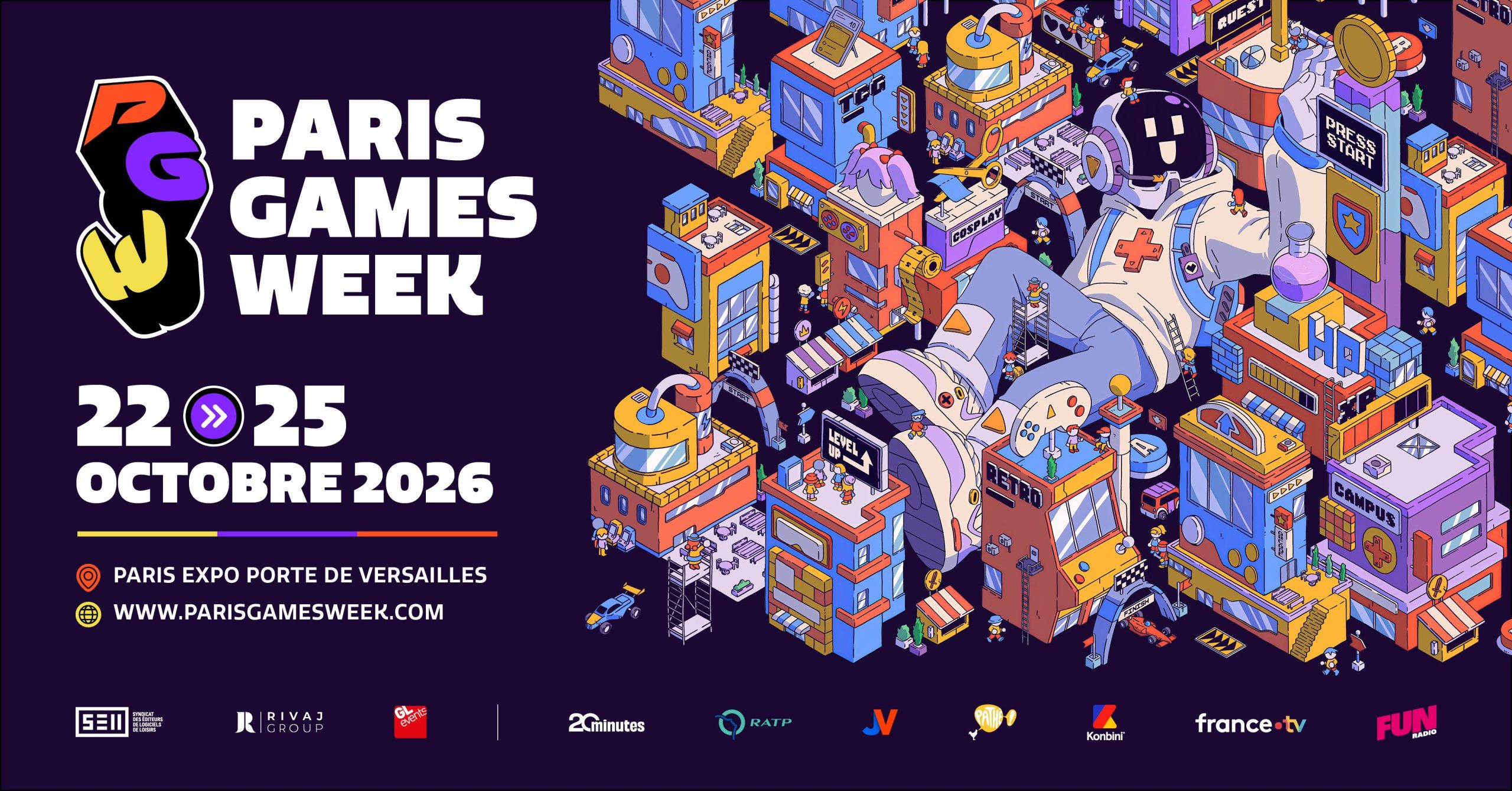 Affiche officielle de la Paris Games Week 2026 du 22 au 25 octobre, avec ville gaming illustrée et logo du salon