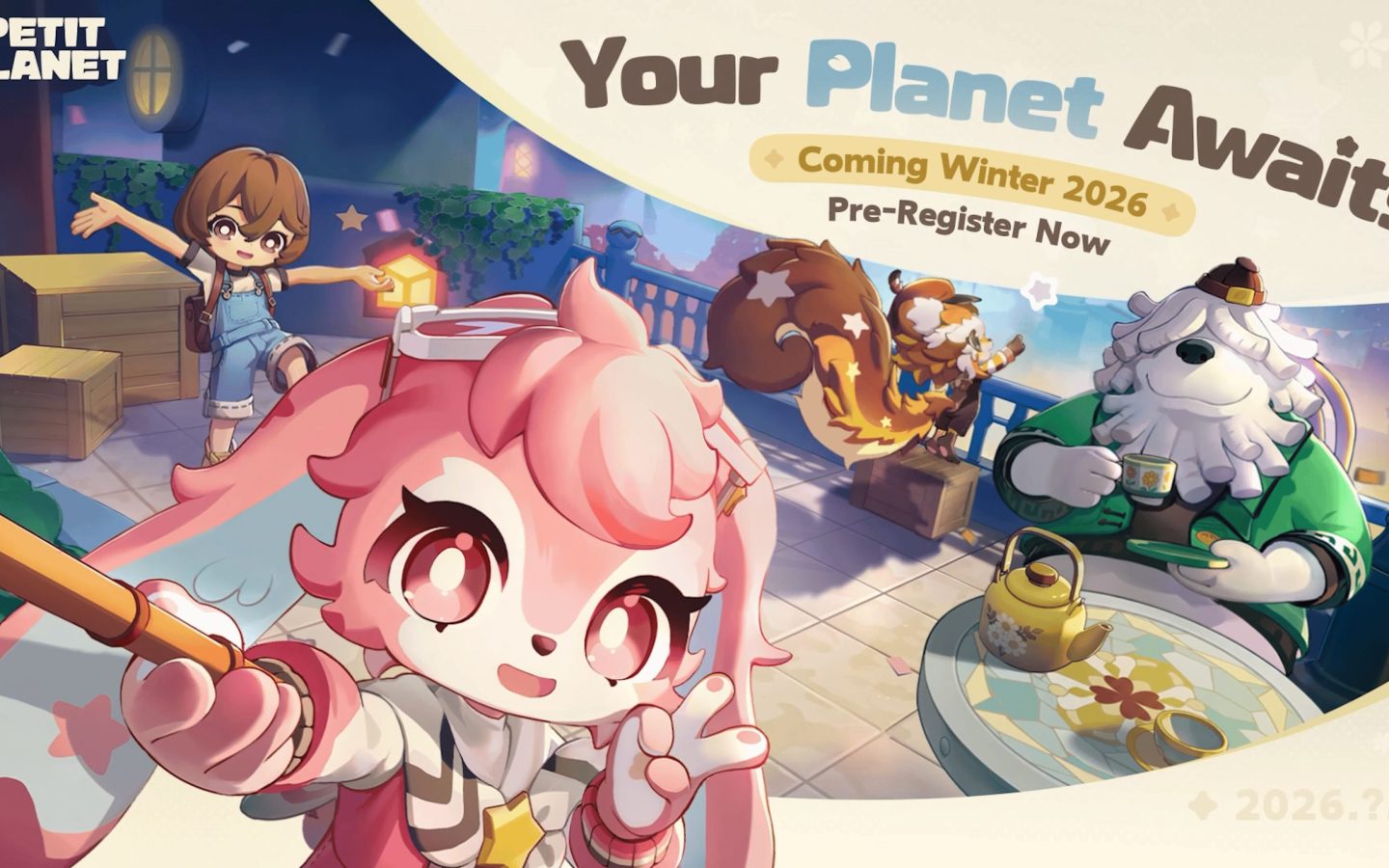 Visuel officiel en anglais de Petit Planet avec ses personnages colorés et la mention Your Planet Awaits