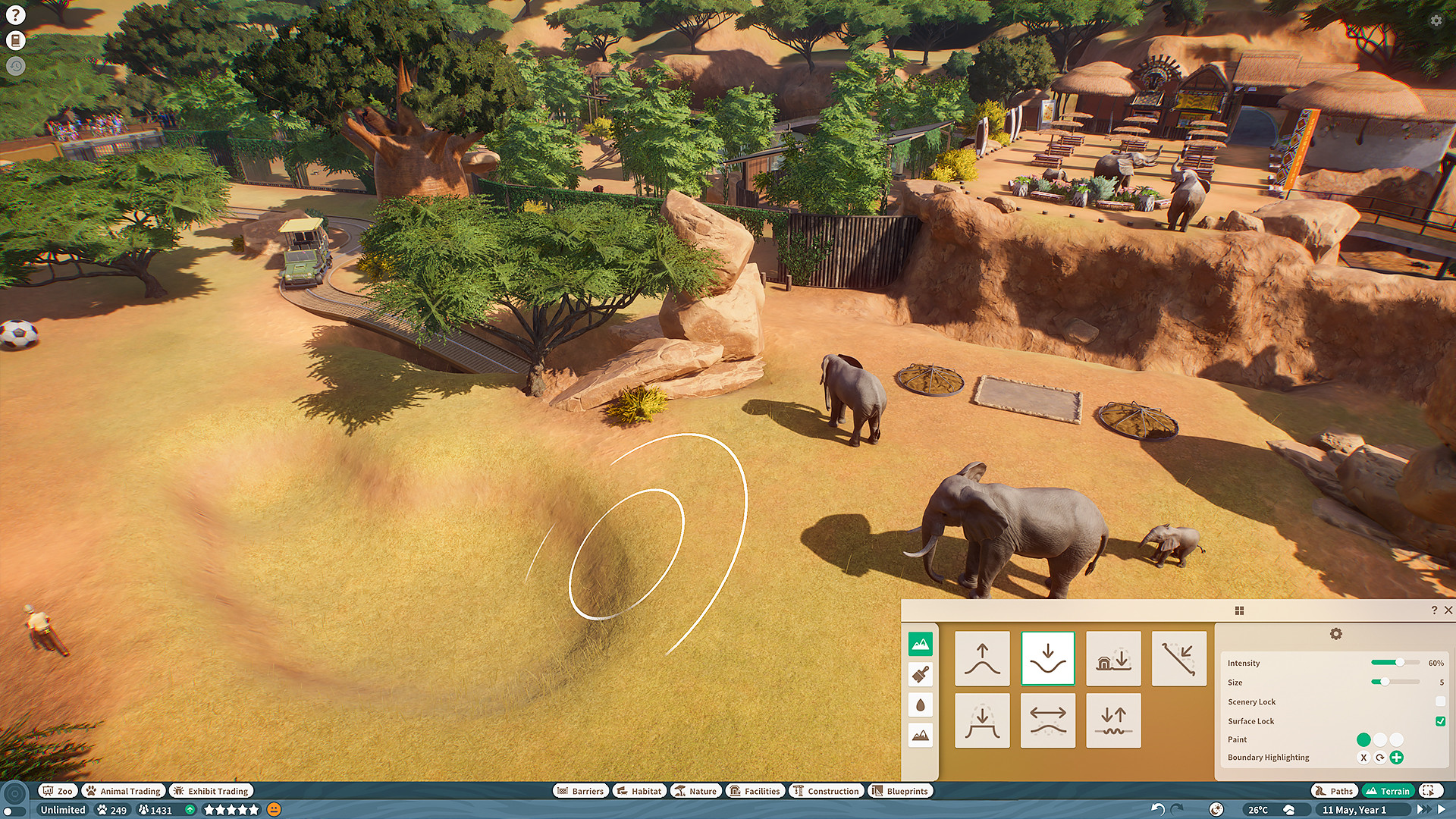 Éléphants dans leur habitat, capture de gameplay officielle de Planet Zoo