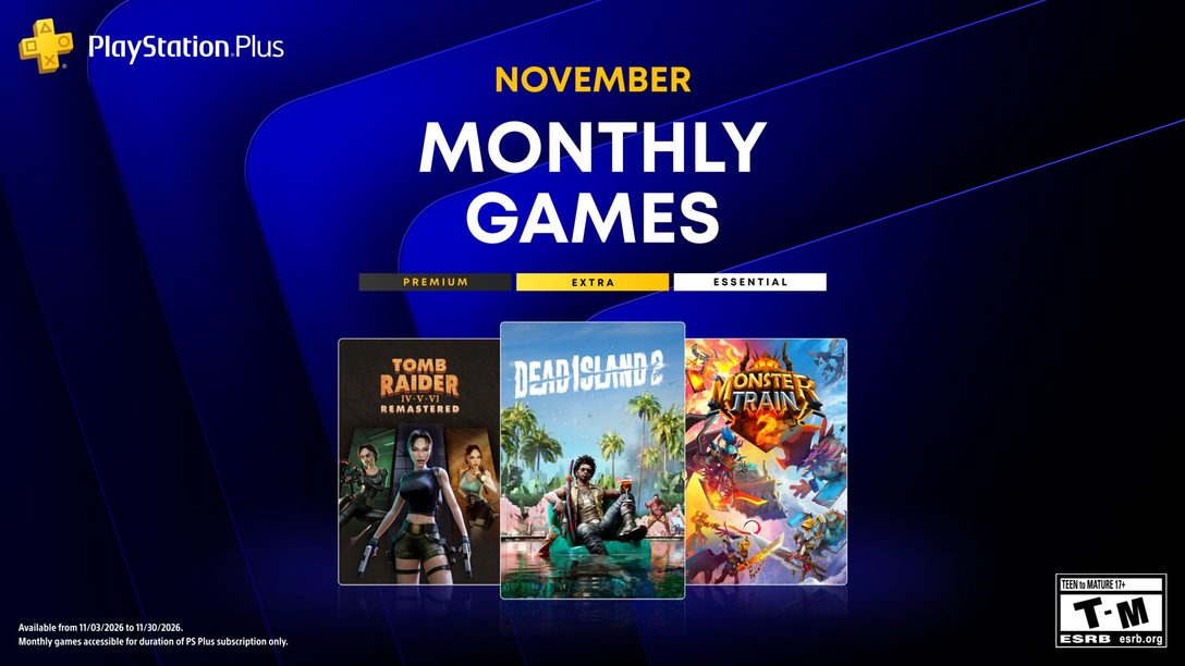 Visuel officiel des jeux PlayStation Plus de novembre 2026 : Dead Island 2, Tomb Raider IV-VI et Monster Train 2