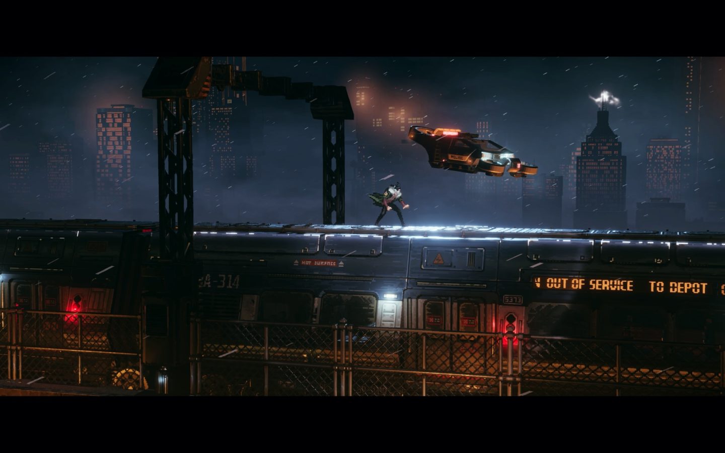Capture officielle de REPLACED : personnage sur une plateforme futuriste face à un drone, jeu récompensé aux CEEGA 2026