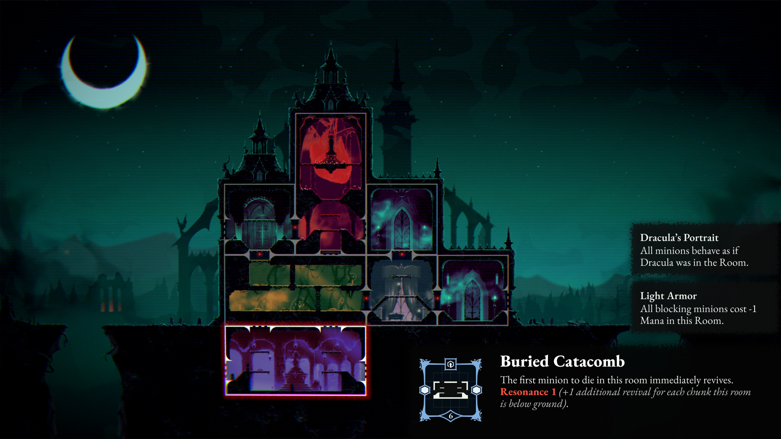 Capture officielle de ReVamp : château de Dracula et salles de défense sous une lune nocturne