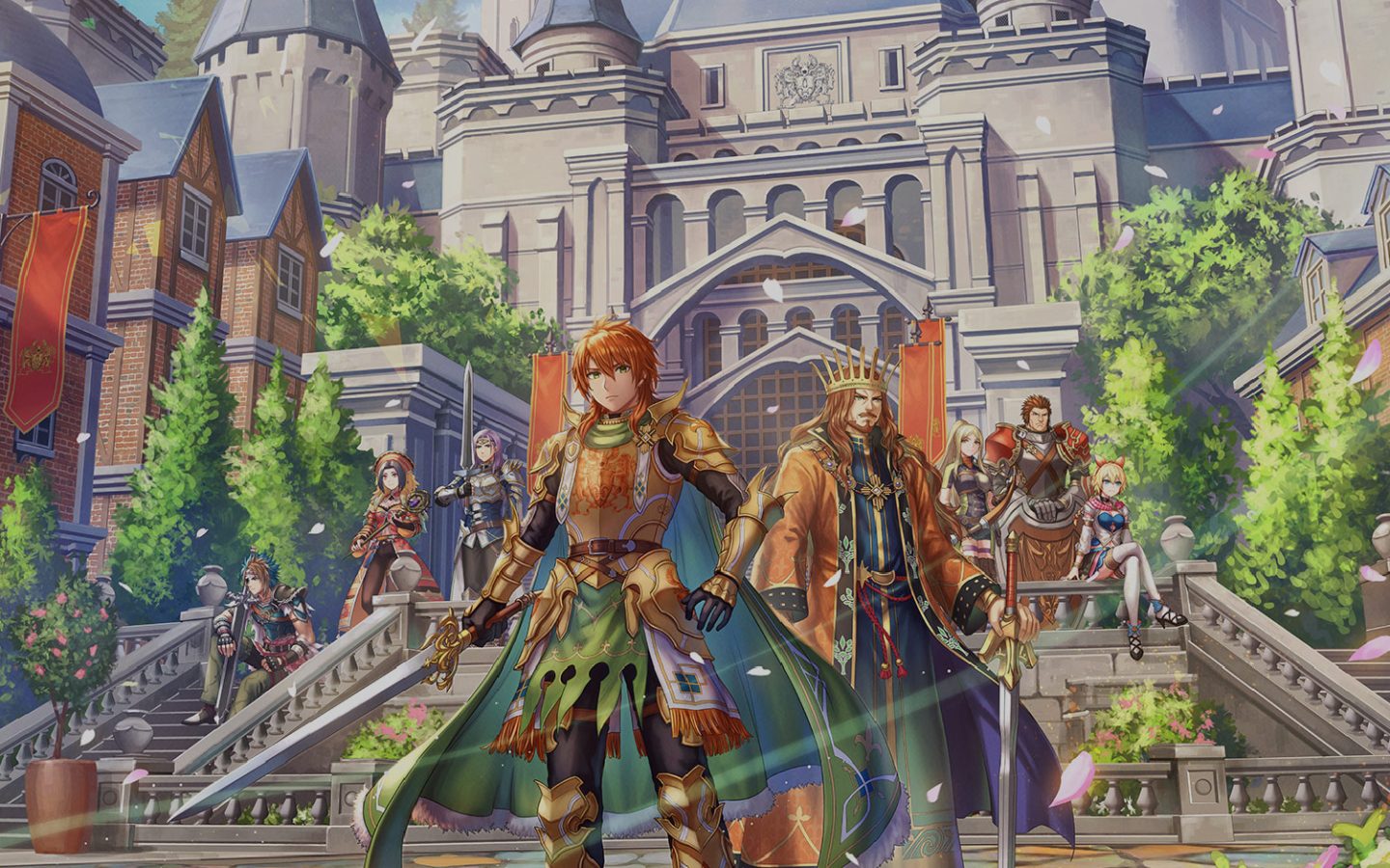 Illustration officielle de Romancing SaGa 2 Revenge of the Seven avec les personnages devant un château