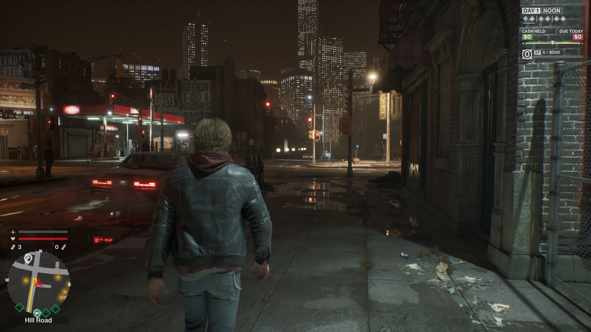 Samson, le protagoniste du jeu de Liquid Swords dans une rue nocturne de Tyndalston