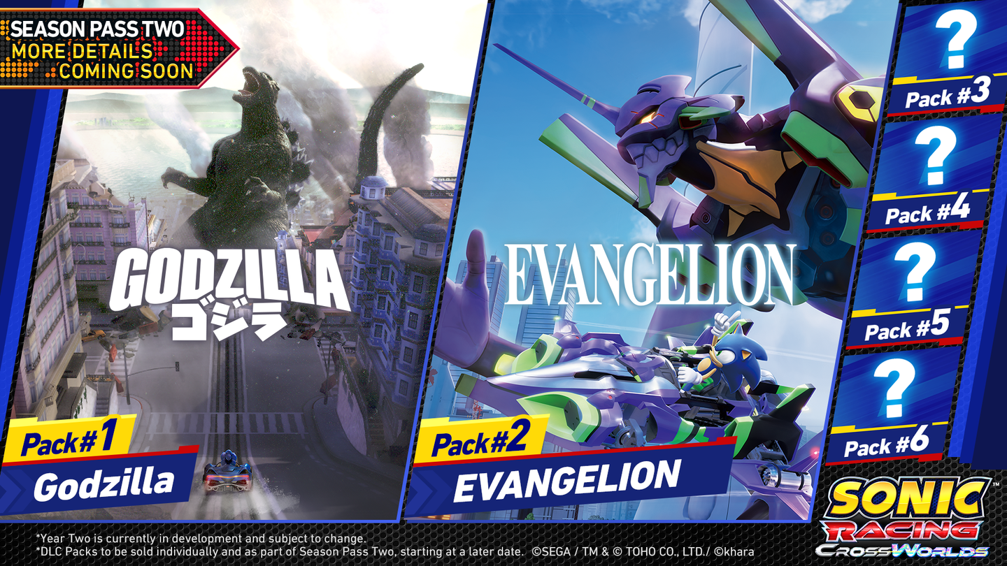 Visuel officiel des collaborations Godzilla et Evangelion pour le Season Pass 2 de Sonic Racing: CrossWorlds