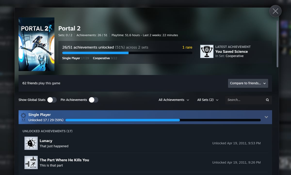 Capture d'écran officielle Valve montrant les succès de Portal 2 regroupés en ensembles solo et coopération sur Steam