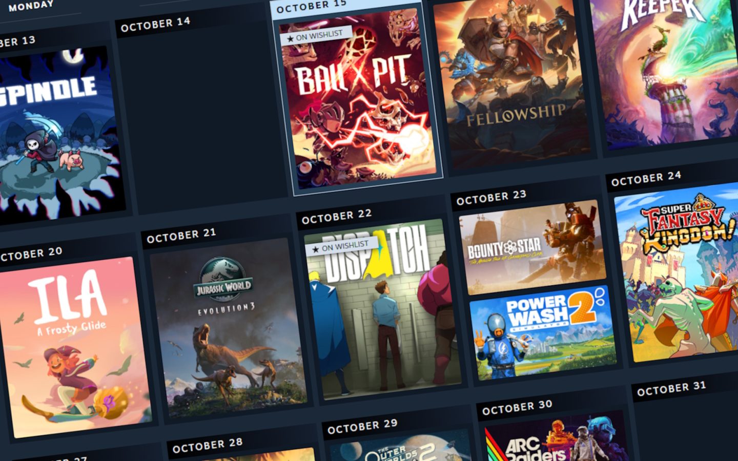 Interface du calendrier personnalisé de Steam affichant les jeux recommandés par date