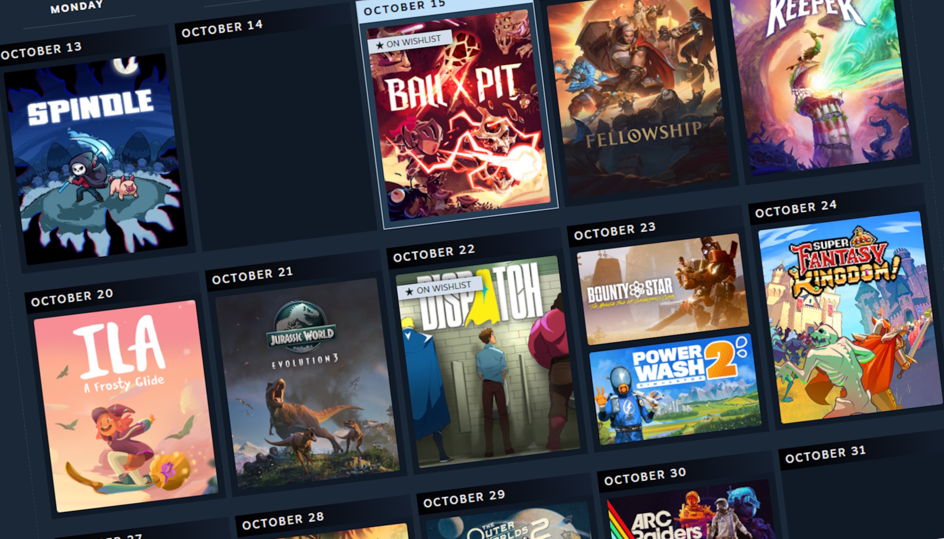 Interface du calendrier personnalisé de Steam affichant les jeux recommandés par date