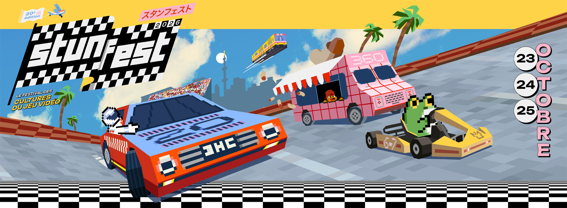 Bannière officielle Stunfest 2026 avec voitures stylisées, logo et dates du 23 au 25 octobre