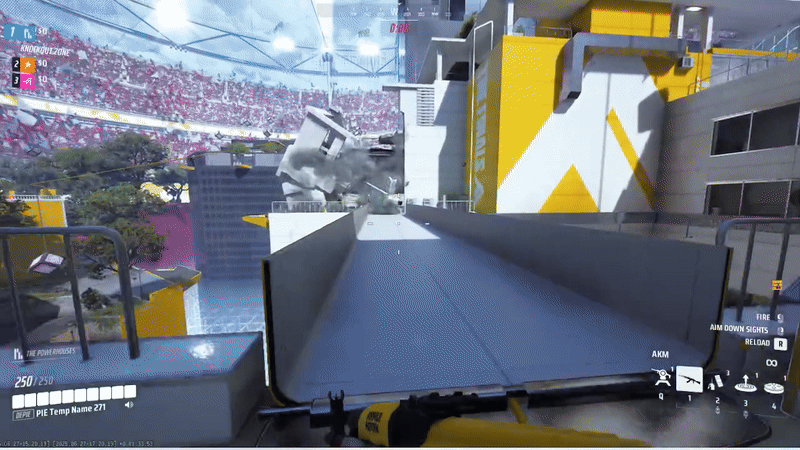 Animation montrant la destruction d'un bâtiment sur Skyway Stadium dans THE FINALS