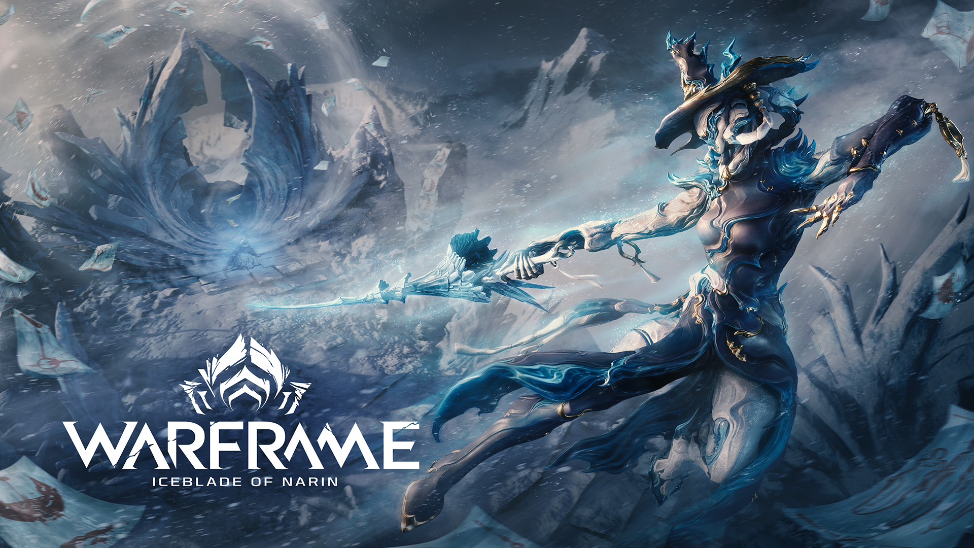 Narin face au monument gelé de Yuvan Peak dans Warframe: Iceblade of Narin