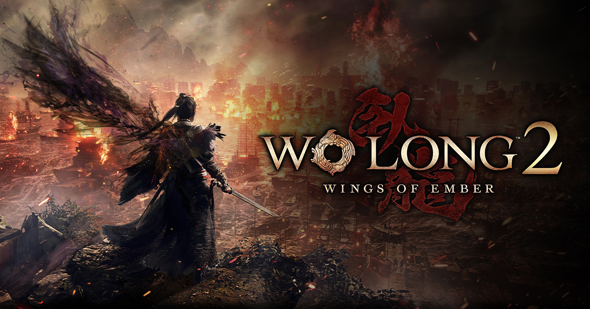 Illustration officielle de Wo Long 2 Wings of Ember montrant un champ de bataille en flammes