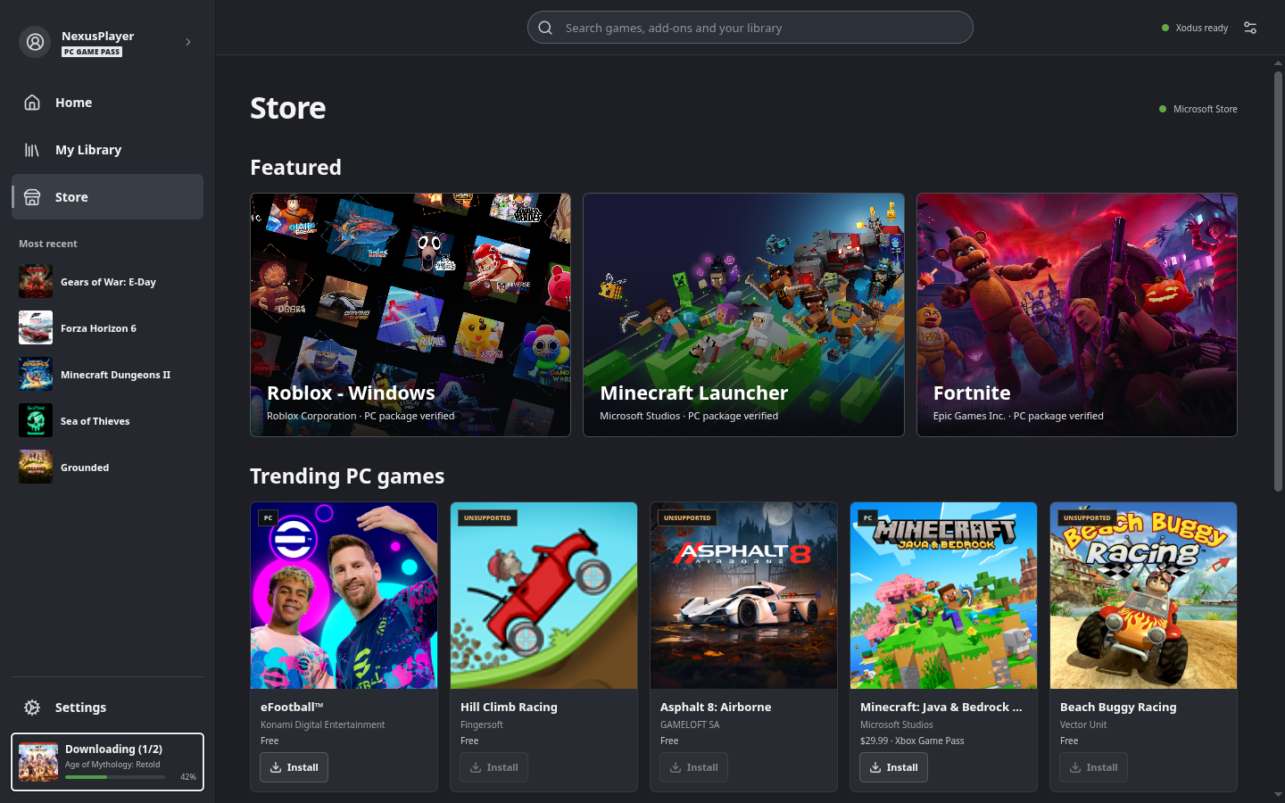 Capture officielle de l'interface Xodus Nexus montrant le Microsoft Store sous Linux, publiée par son développeur