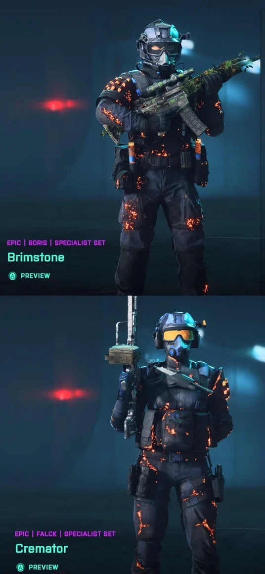 Comparaison visuelle de Battlefield 2042 Fire Team II avec les skins Brimstone et Cremator