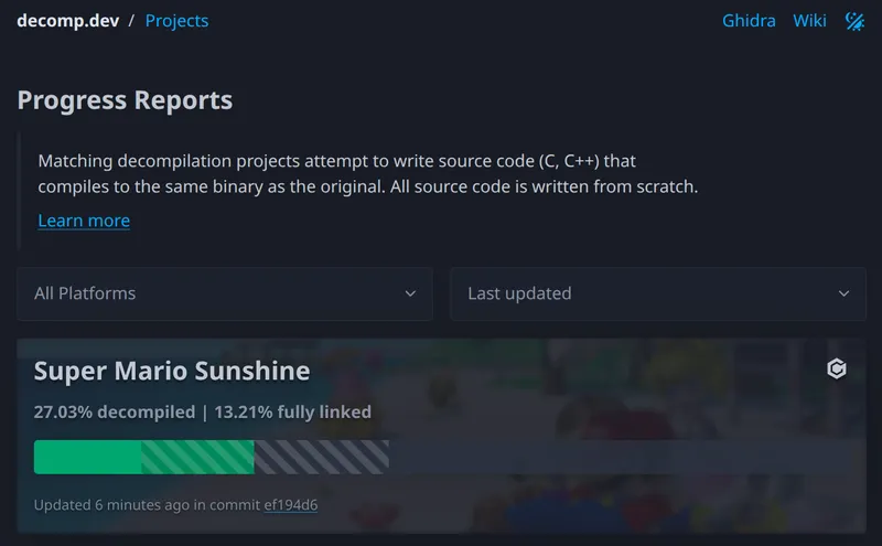 Interface de decomp.dev et ses projets de décompilation